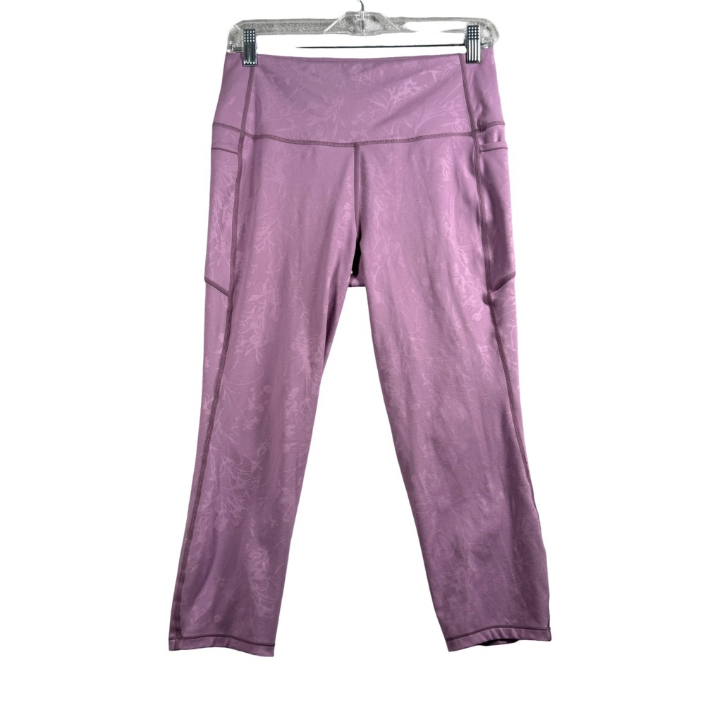 Zyia Active Leggings Womens 8-10 Purple Cropped Pockets Floral Casual Athleisure